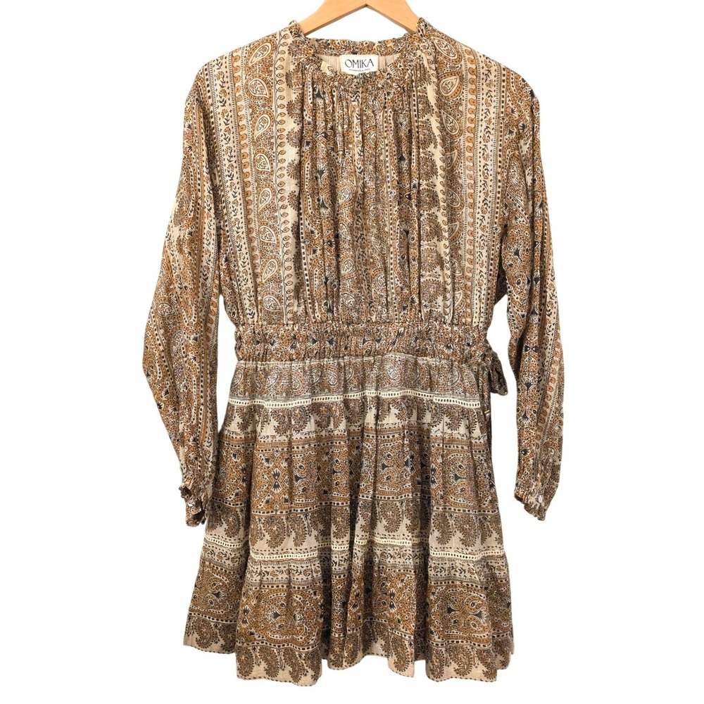 Omika Boho Handmade in India Paisley Lurex Mini Dress Brown Gold Sz L Cowgirl